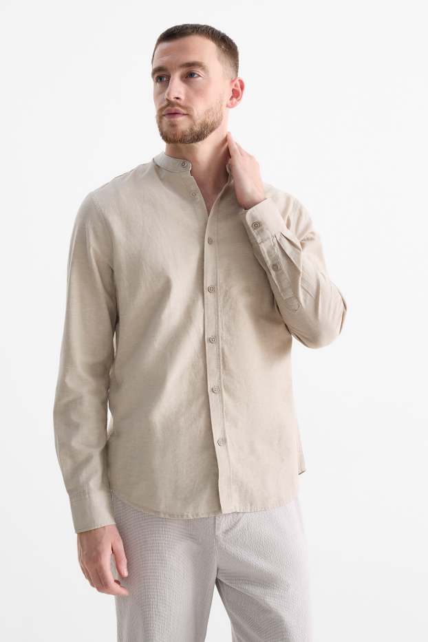 Hommes - Chemise avec teneur en lin - regular fit - col montant - beige clair