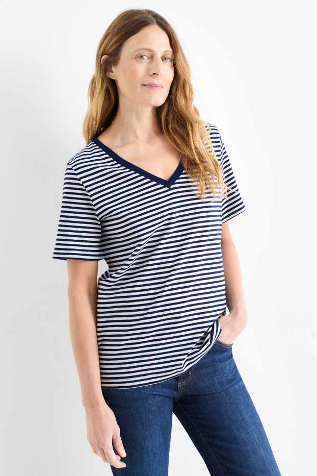 Femei - Tricou basic - regular fit - cu dungi - albastru închis / alb-crem