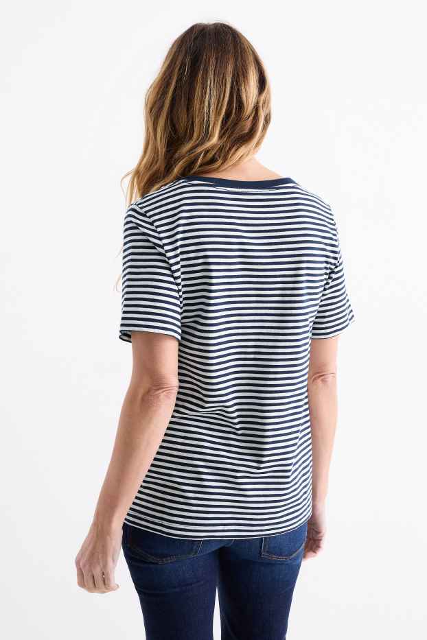 Femei - Tricou basic - regular fit - cu dungi - albastru închis / alb-crem