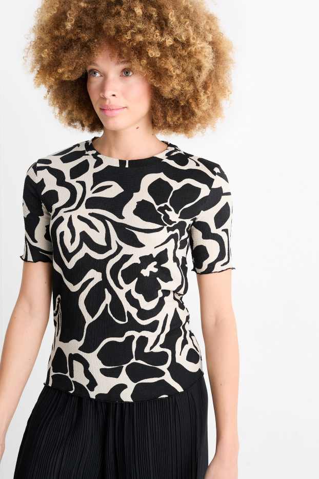 Damen - T-Shirt - geblümt - schwarz / beige