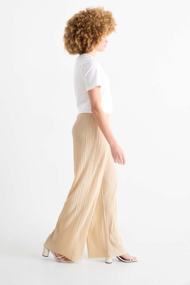 Dámské - Plisované kalhoty - high waist - wide leg - světle béžová