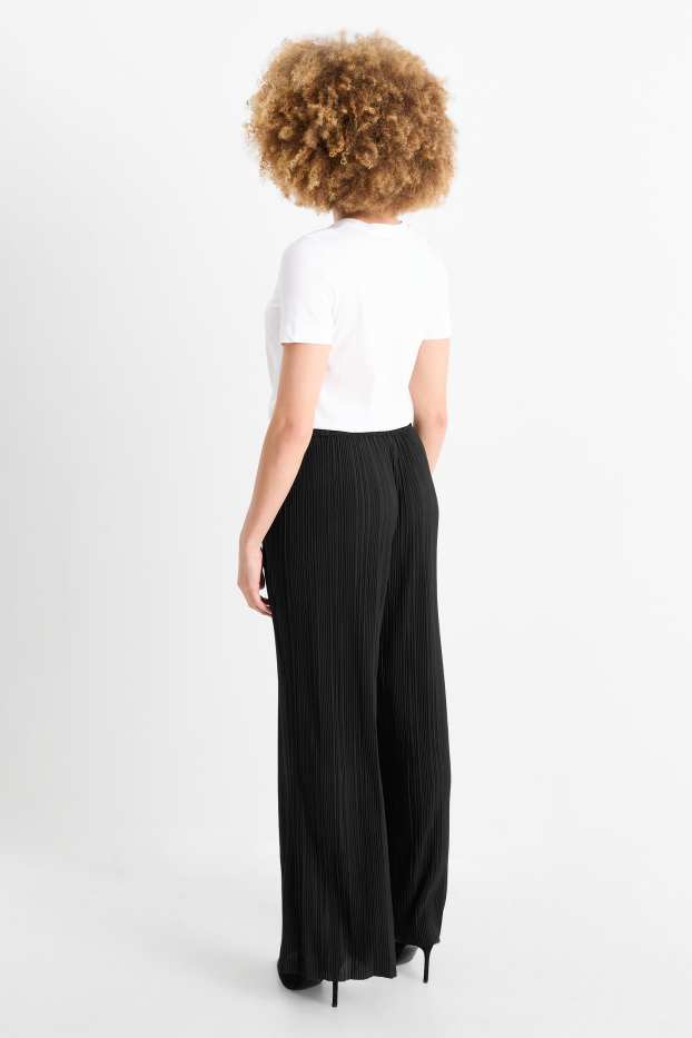 Dámské - Plisované kalhoty - high waist - wide leg - černá