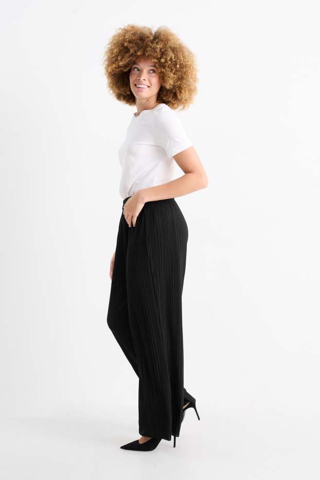 Dámské - Plisované kalhoty - high waist - wide leg - černá