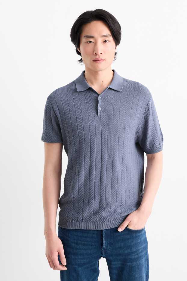 Herren - Strick-Poloshirt mit Leinen-Anteil - Regular Fit - blau