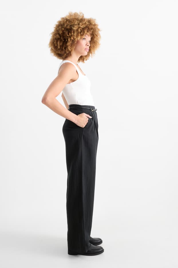 Femmes - Pantalon de toile avec ceinture - high waist - wide leg - noir
