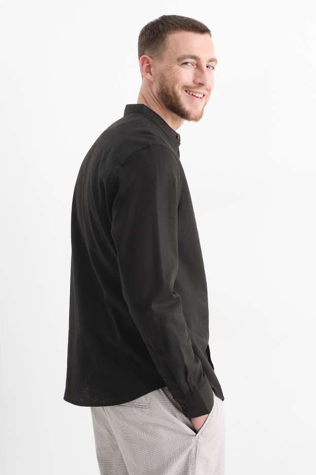 Heren - Overhemd - regular fit - opstaande kraag - linnenmix - zwart
