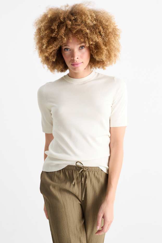 Damen - Strickpullover - kurzarm - cremeweiß