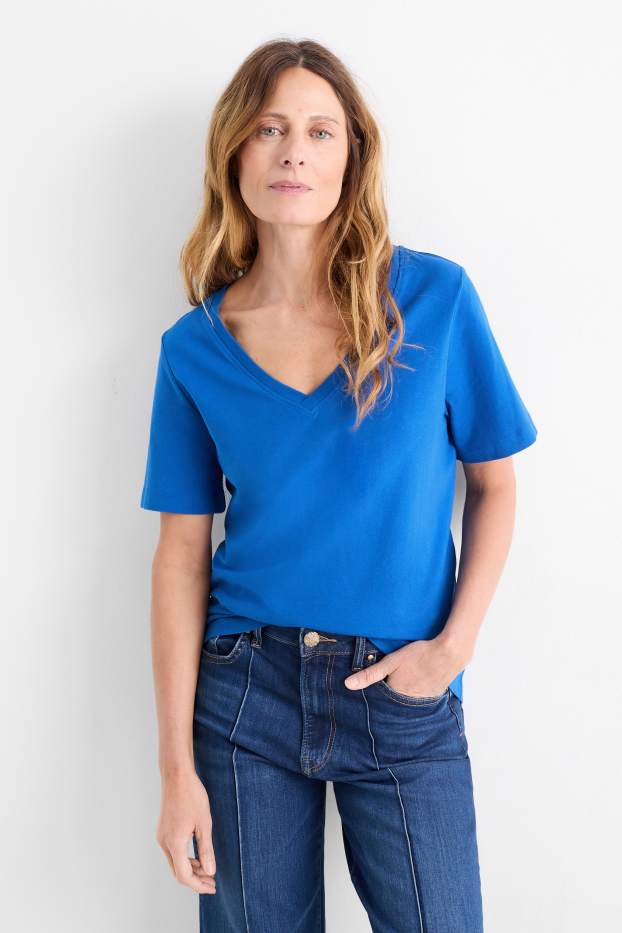 Femmes - T-shirt à col V - regular fit - bleu