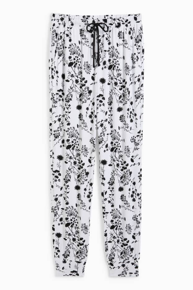 Mujer - Pantalón de pijama en viscosa - de flores - blanco / negro