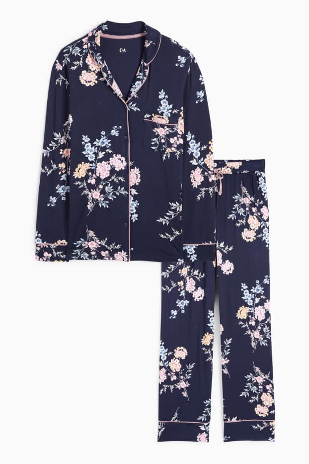 Donna - Pigiama di viscosa - a fiori - blu scuro