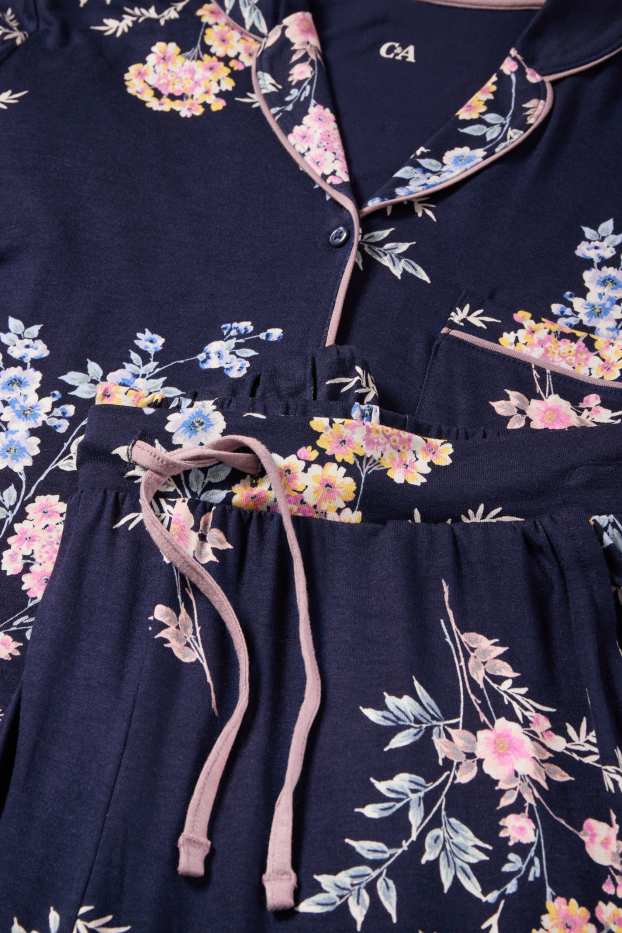 Donna - Pigiama di viscosa - a fiori - blu scuro