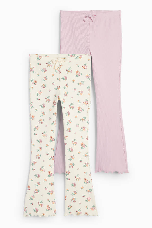 Enfants filles - Lot de 2 - fleurs - flared leggings - côtelés - blanc crème