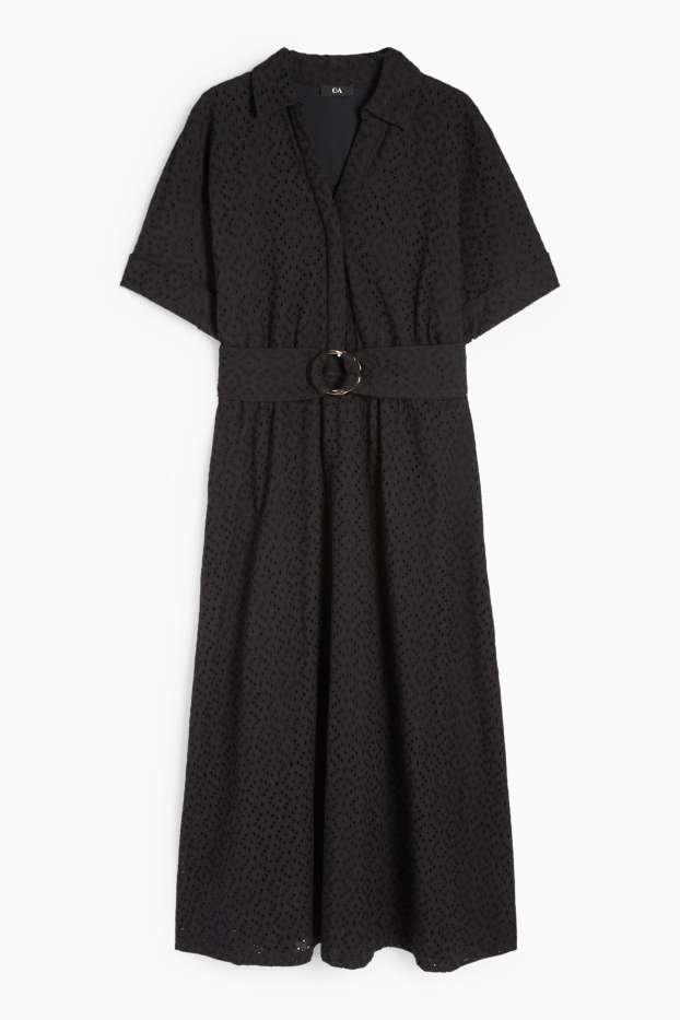 Femmes - Robe-chemise à ceinture - broderie anglaise - noir