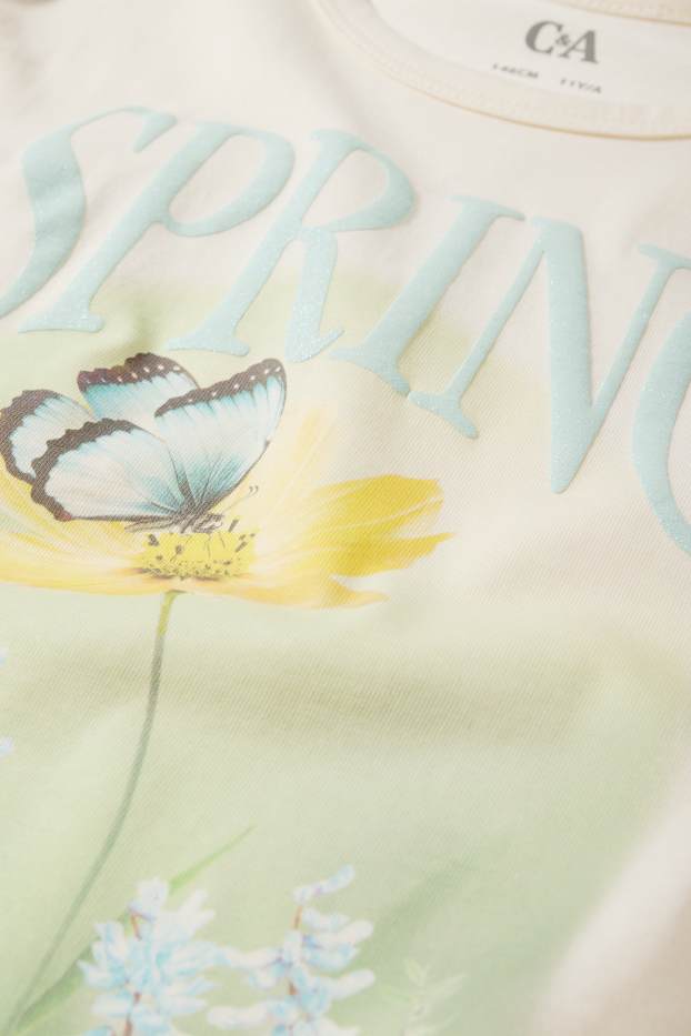 Copii - Fete - Floare și fluture - tricou cu mânecă scurtă - bej deschis