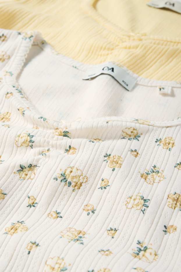 Bambine - Confezione da 2 - t-shirt - a coste - a fiori - bianco crema