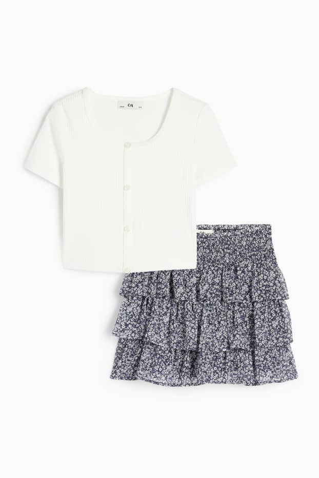 Enfants filles - Fleurs - ensemble - T-shirt et jupe - 2 pièces - bleu / blanc