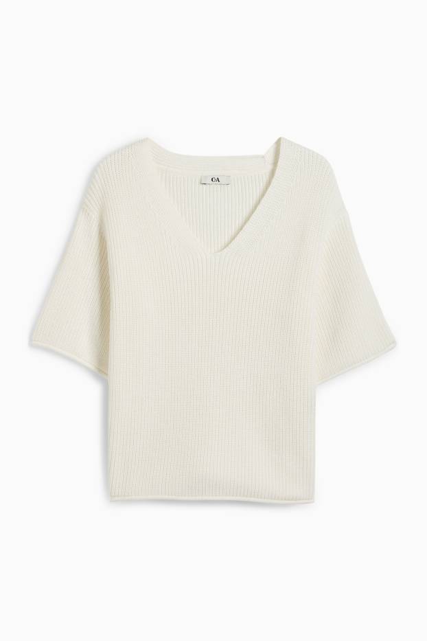 Dona - Jersei de punt de mitja amb coll en punta - de màniga curta - blanc trencat