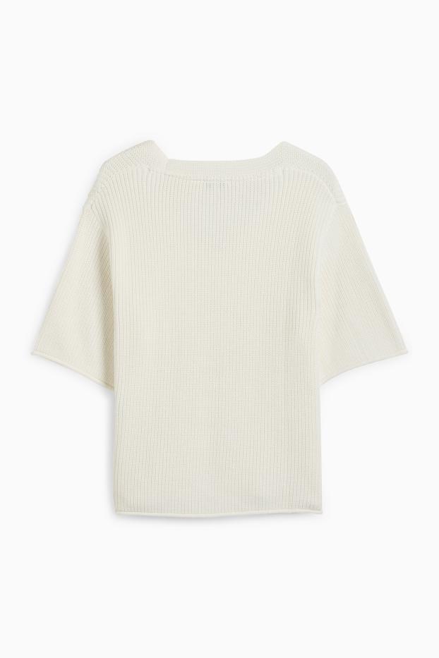 Dona - Jersei de punt de mitja amb coll en punta - de màniga curta - blanc trencat