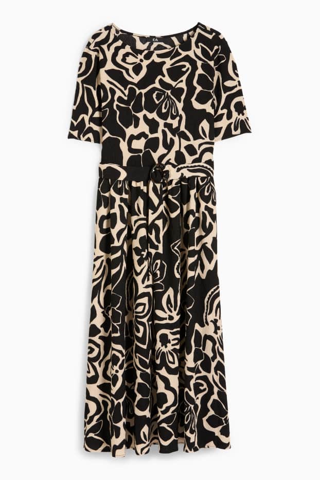 Damen - Fit & Flare Kleid mit Gürtel - geblümt - schwarz / beige