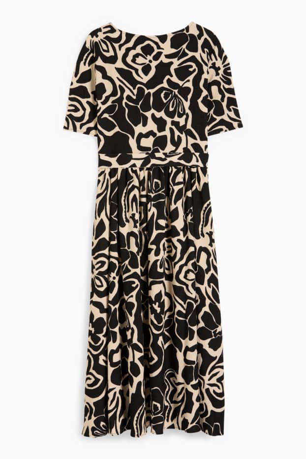 Damen - Fit & Flare Kleid mit Gürtel - geblümt - schwarz / beige