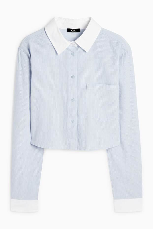Dames - Korte blouse van popeline - gestreept - lichtblauw