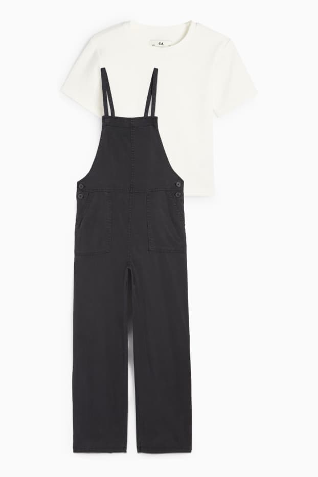 Enfants filles - Ensemble - T-shirt et robe-salopette - 2 pièces - blanc / noir
