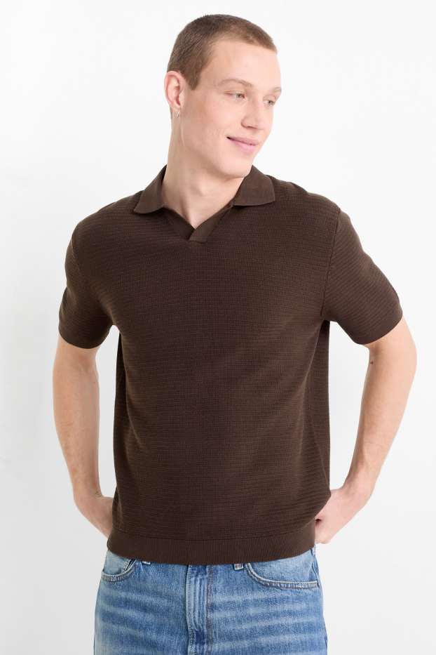 Heren - Gebreid poloshirt - regular fit - met structuur - donkerbruin