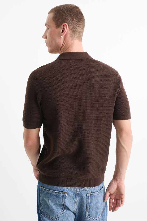 Heren - Gebreid poloshirt - regular fit - met structuur - donkerbruin