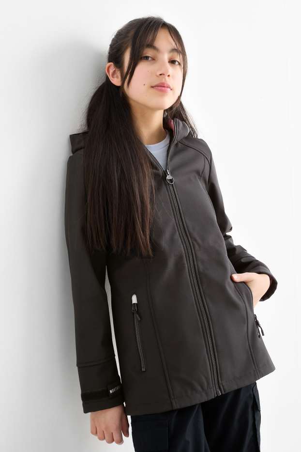 Children Girls - Softshell jacket with hood - water-repellent - black