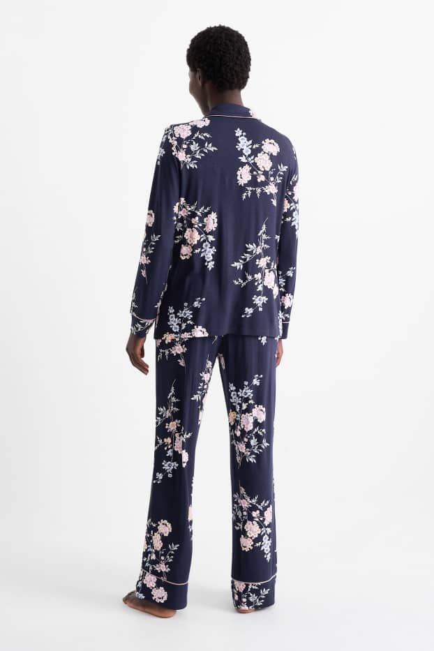 Donna - Pigiama di viscosa - a fiori - blu scuro