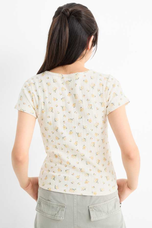 Bambine - Confezione da 2 - t-shirt - a coste - a fiori - bianco crema