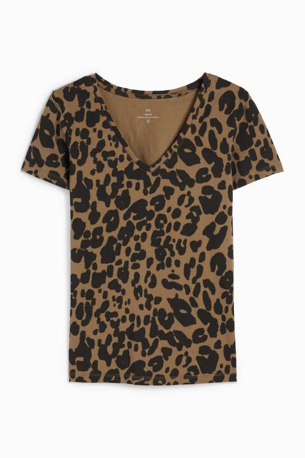 Donna - T-shirt scollo a V - stampa leopardata - verde scuro / nero