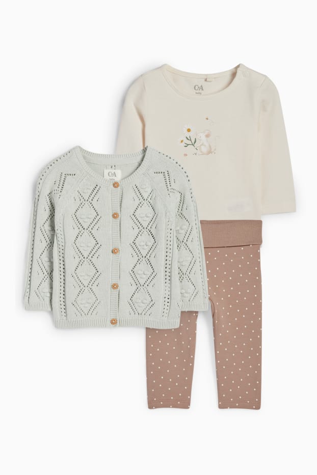 Baby Mädchen - Blümchen und Mäuschen - Baby-Outfit - 3 teilig - grau / beige