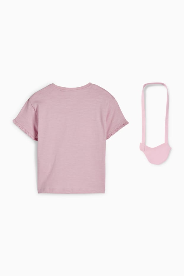 Kinderen: meisjes - Bloem en vogel - set - T-shirt en tasje - 2-delig - lichtpaars