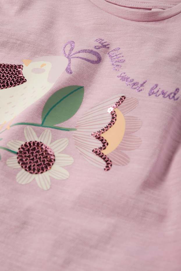 Kinderen: meisjes - Bloem en vogel - set - T-shirt en tasje - 2-delig - lichtpaars