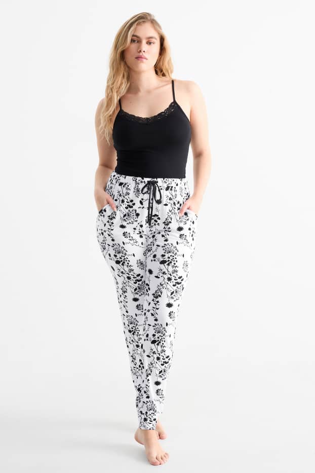 Mujer - Pantalón de pijama en viscosa - de flores - blanco / negro