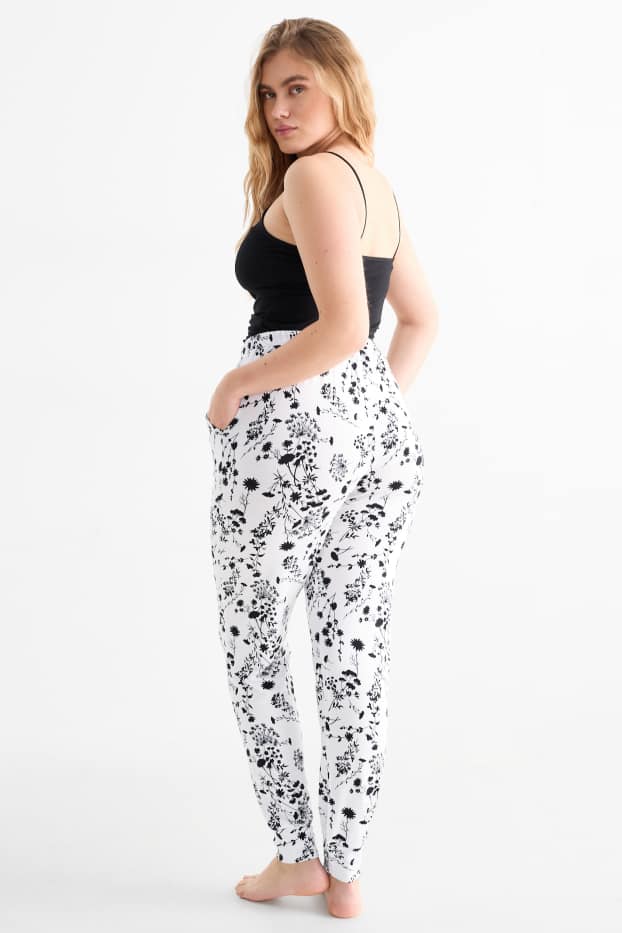 Mujer - Pantalón de pijama en viscosa - de flores - blanco / negro