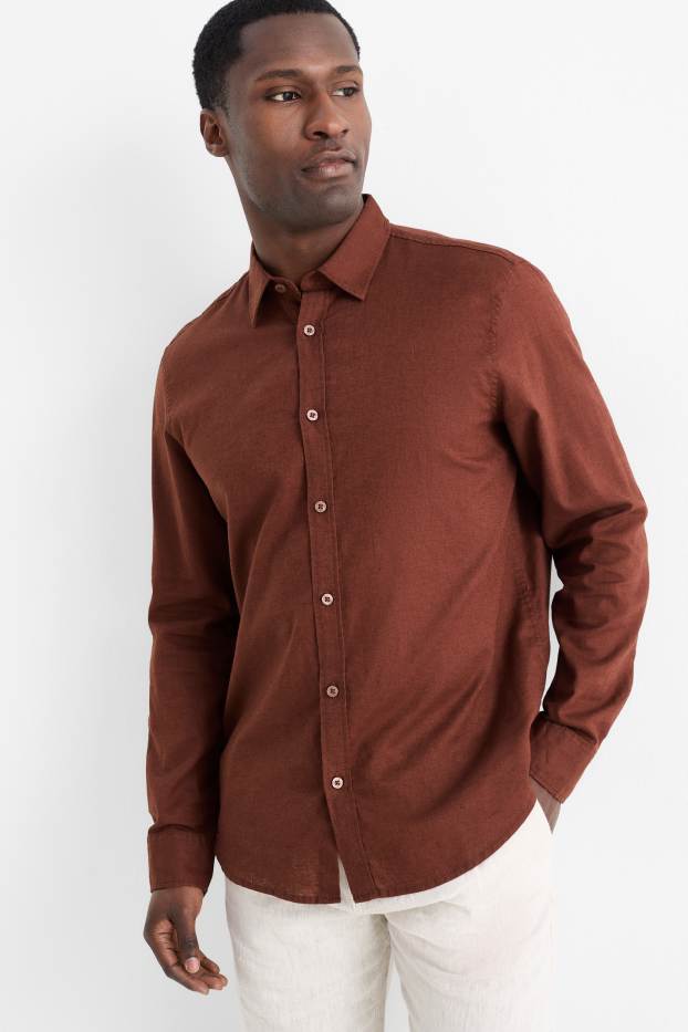 Home - Camisa - regular fit - Kent - mescla de lli - marró