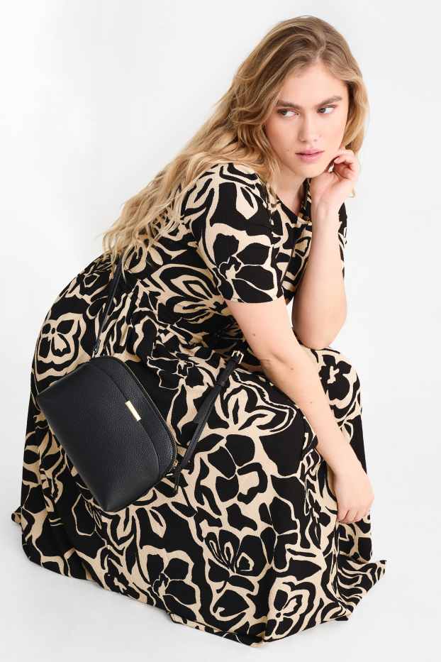 Damen - Fit & Flare Kleid mit Gürtel - geblümt - schwarz / beige