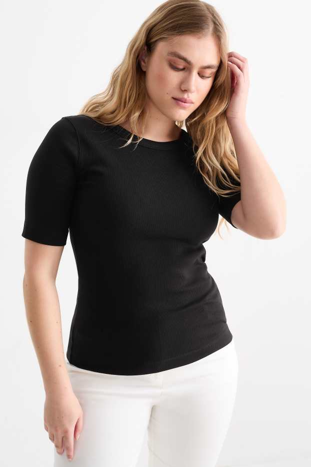 Dona - Samarreta bàsica de màniga curta - slim fit - acanalada - negre