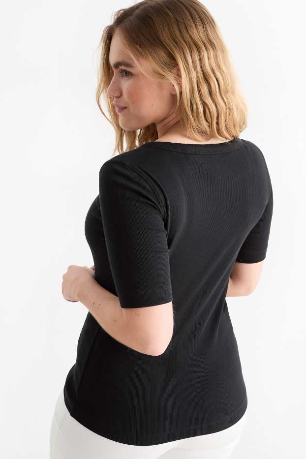 Dona - Samarreta bàsica de màniga curta - slim fit - acanalada - negre