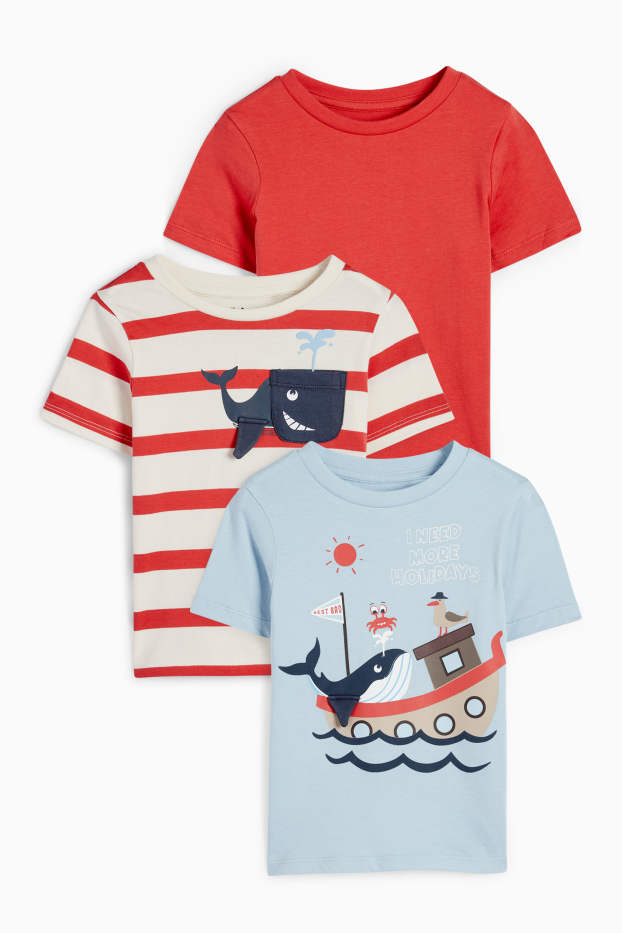 Kinder Buben - Multipack 3er - Wal und Schiff - Kurzarmshirt - hellblau