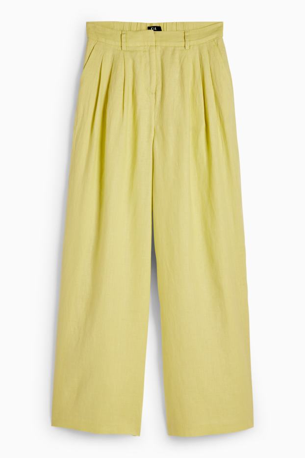 Donna - Pantaloni di lino - vita alta - gamba ampia - giallo