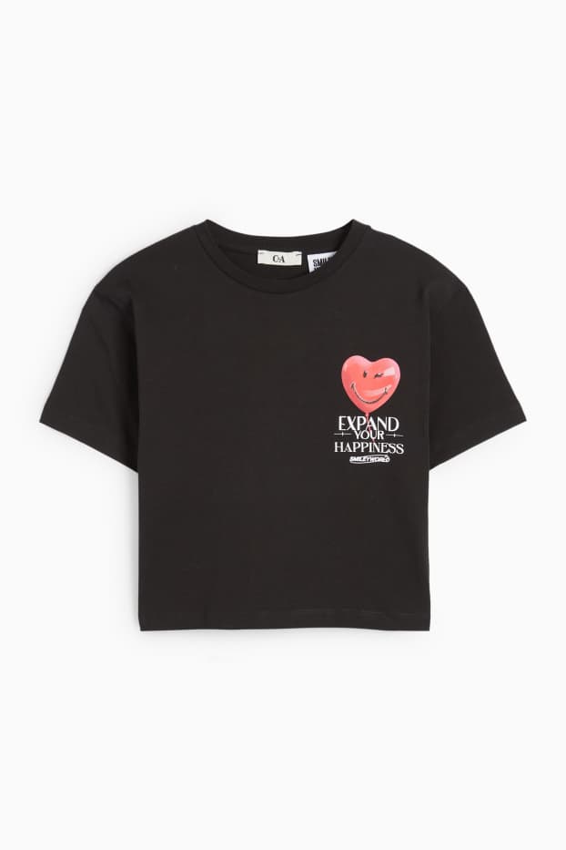 Dames - Kort T-shirt - SmileyWorld® - zwart
