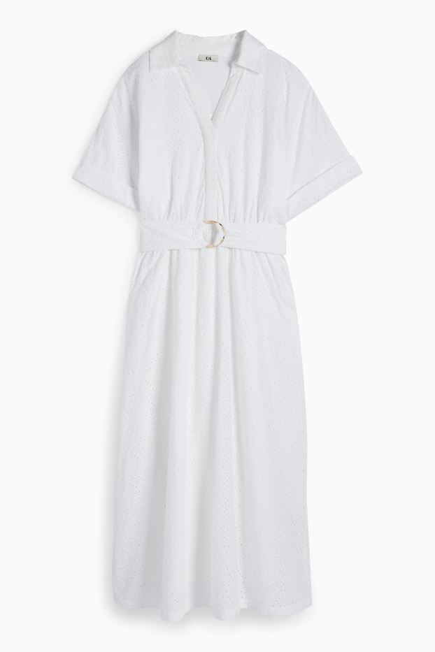 Femmes - Robe-chemise à ceinture - broderie anglaise - blanc