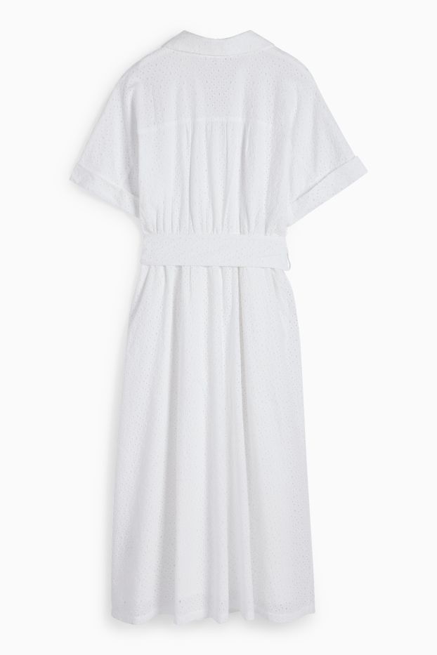 Femmes - Robe-chemise à ceinture - broderie anglaise - blanc