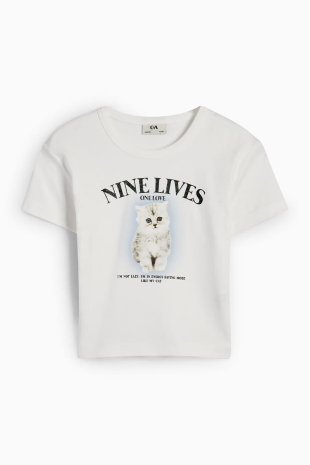 Copii - Fete - Pisică - tricou cu mânecă scurtă - alb
