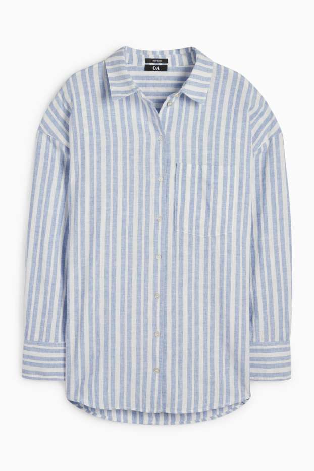 Donna - Blusa - misto lino - a righe - bianco / azzurro