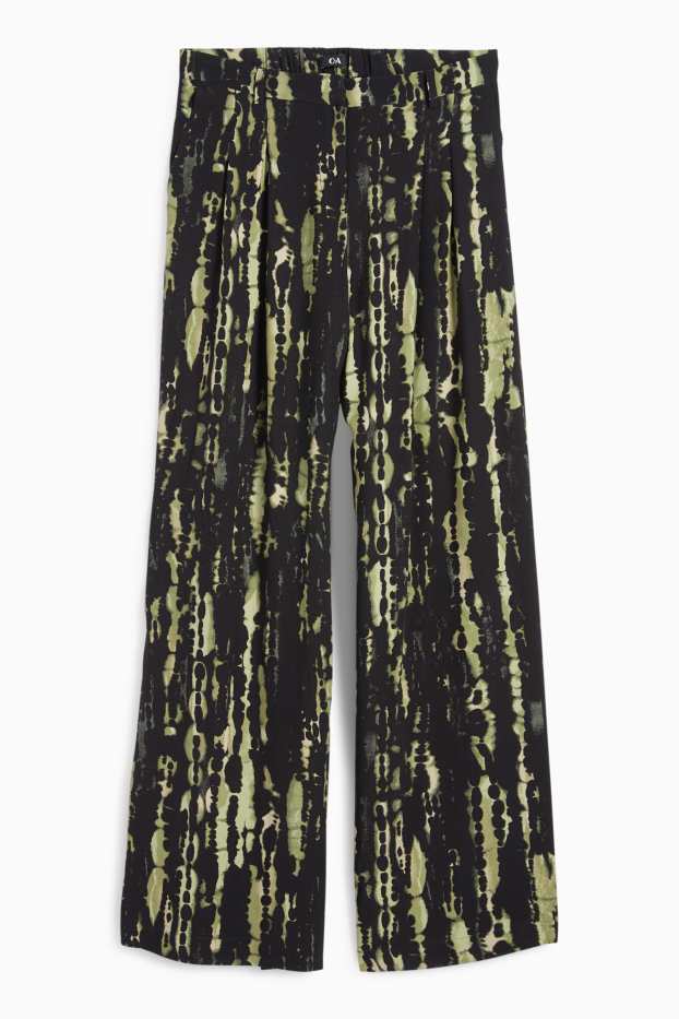 Damen - Stoffhose - High Waist - Wide Leg - gemustert - dunkelgrün / schwarz