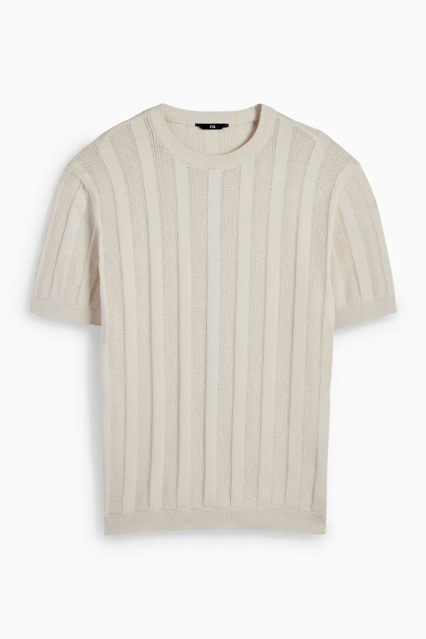 Hommes - Pull en maille - manches courtes - finition côtelée - beige clair